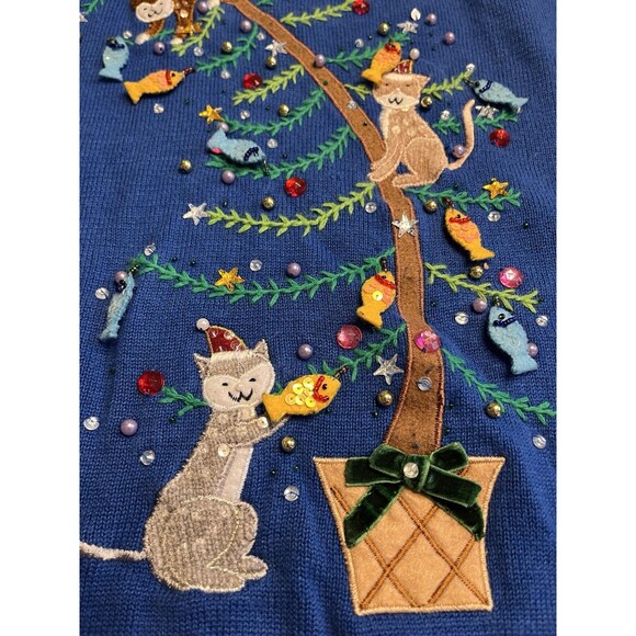 Quacker Factory Cats Playing On Christmas Tree Branch Embroidered Sweater Sz 2X - Picture 3 of 16